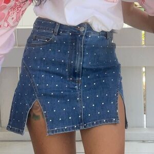 Lulus Rhinestone Slit Denim Mini Skirt
